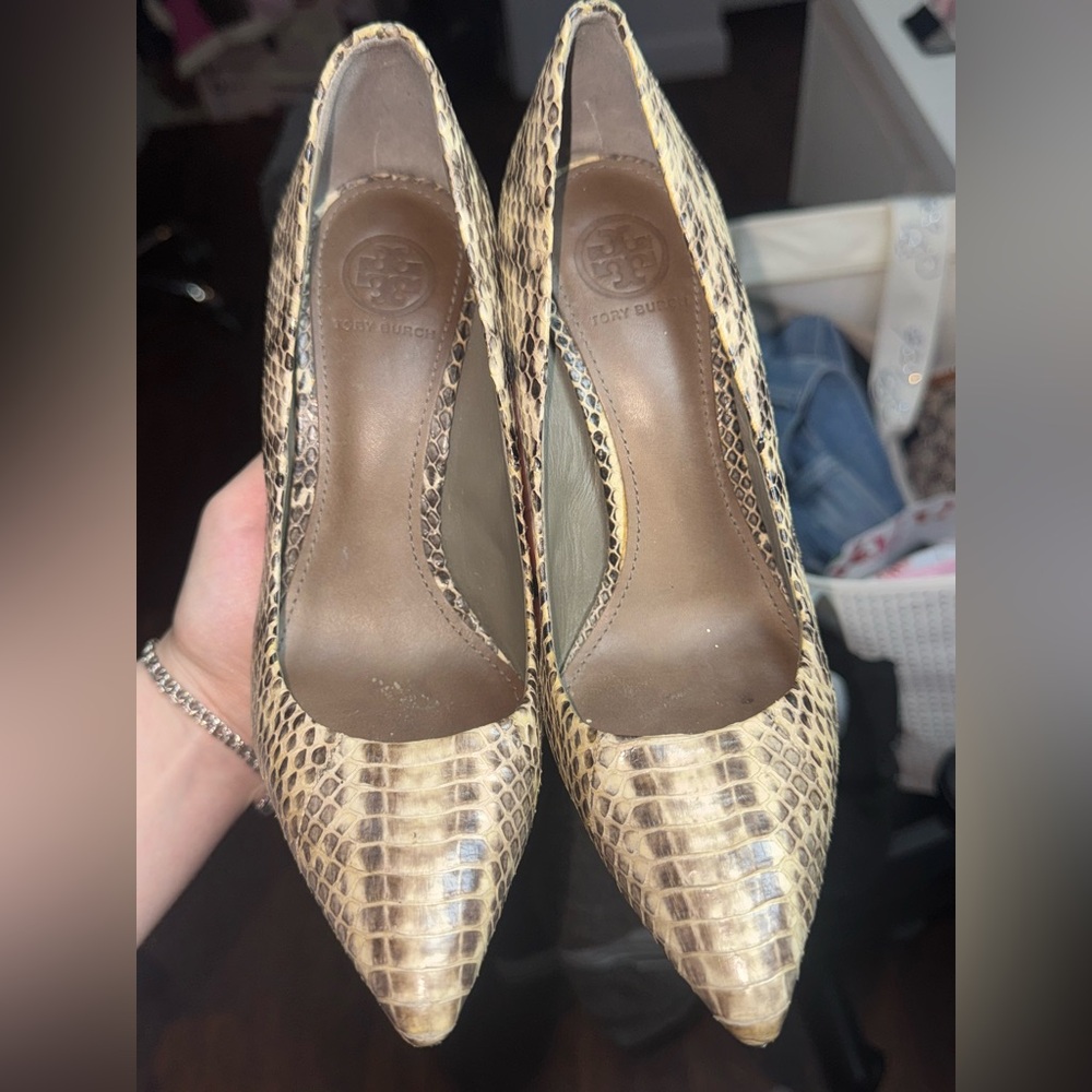 Tory Burch Beige and Brown Snakeskin Heels